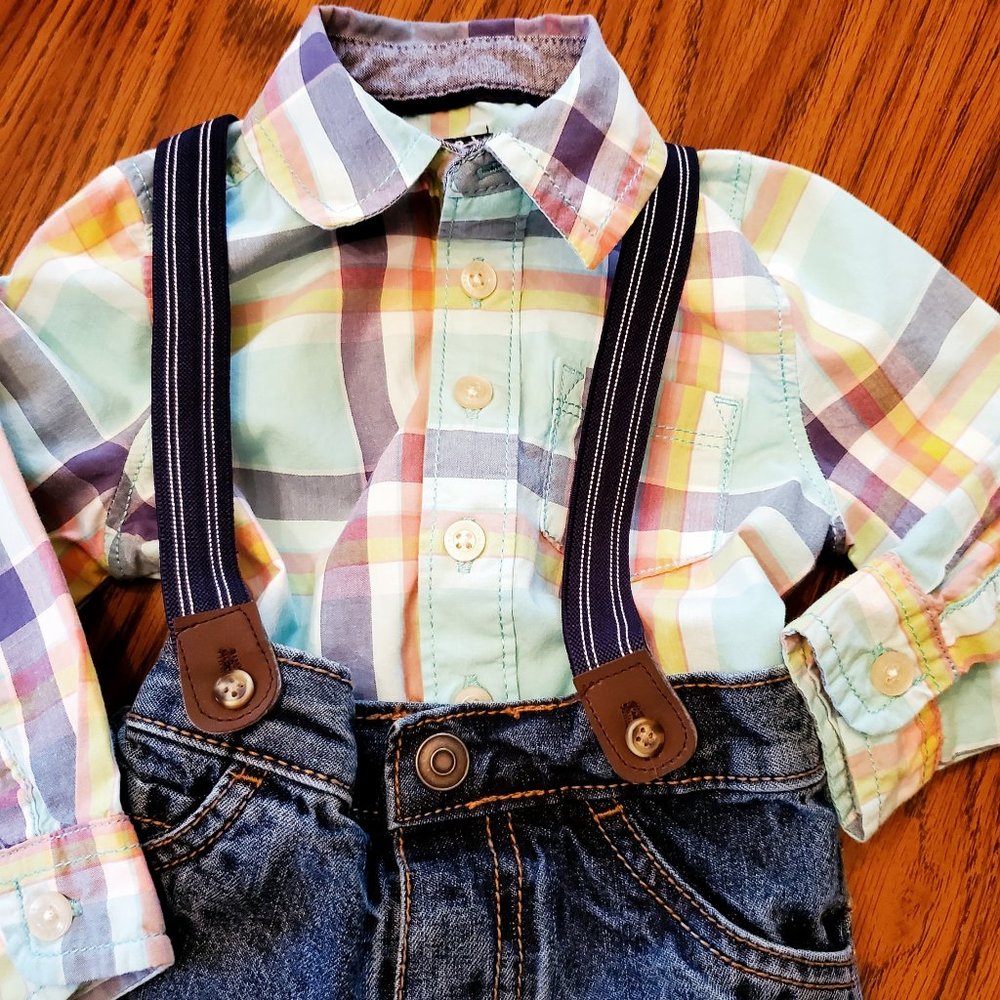 Boys Jeans with detachable suspenders & Oxford Style Shirt, both 12 months